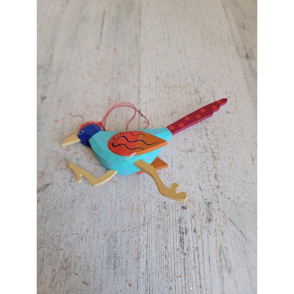 Colorful roadrunner bird folk art ornament Xmas unique animal wooden